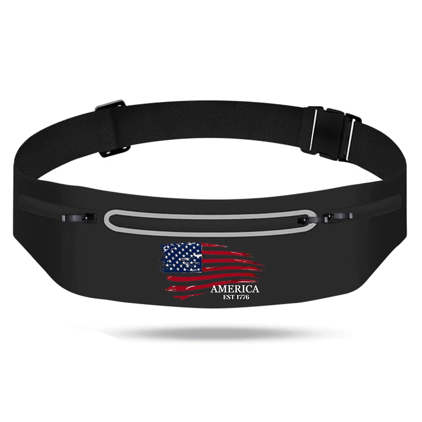 American Flag Slim Running Belt Waist Pack Bag,Black Jogging Fanny Packs for women Moisture Wicking Sports Belt Bag Adjustable,Lightweight Reflective Workout Pouch Phone Holder for Men USA Flag 1776