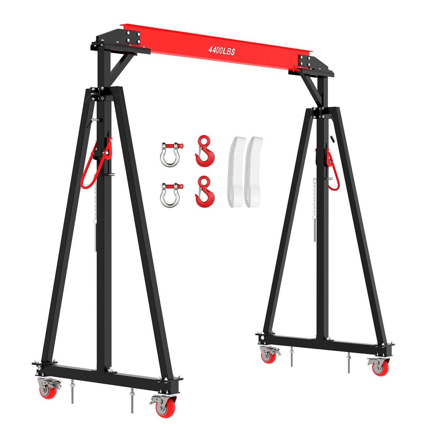 Adjustable Gantry Crane 2 Ton (4400 LBS) with Manual Trolley, Hook and Sling Strap, 12 Locking Positions (97" to 141") with Triangle Base, Portable I-Beam Hoist for Factory, Warehouse, Auto Repair