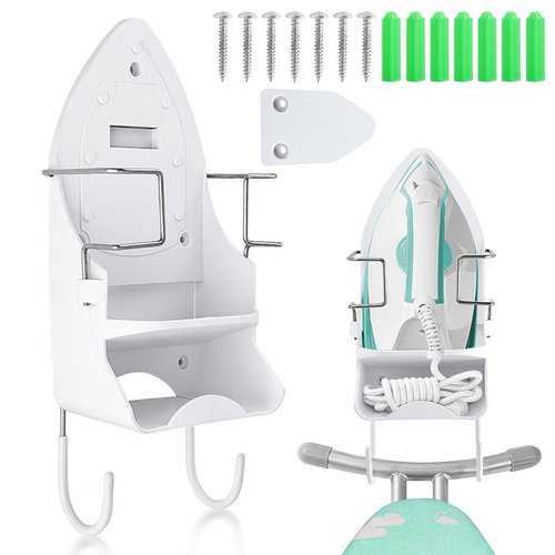 Iron Board Hanger Wall Mount Electric Iron Holder Ironing Board Holder Wall Mount Room Storage Iron and Ironing Board Storage Organizer Shelf with Removable Hooks