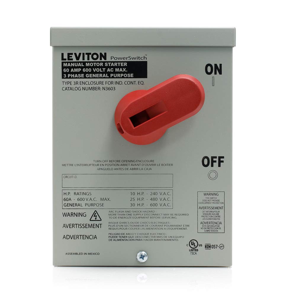 Leviton 60 Amp, 600 Volt, Toggle In Type 3R Enclosure Three-Pole AC Manual Motor Controller, Industrial Grade, Grounded To Enclosure, Front Wired, N3603, Gray