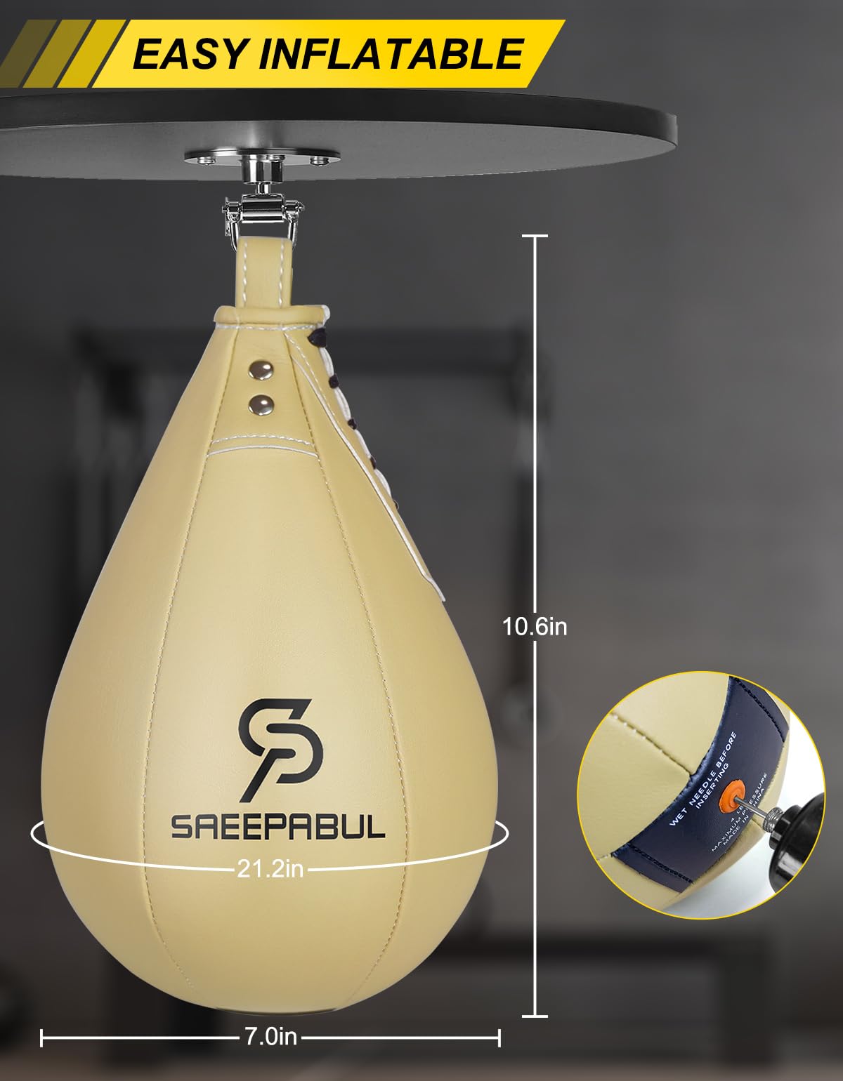 SAEEPABUL Boxing Speed Bag for Adults - Professional Synthetic Leather Punching Bag with Latex Bladder, Adjustable Training Equipment for Home Gym Fitness Beige