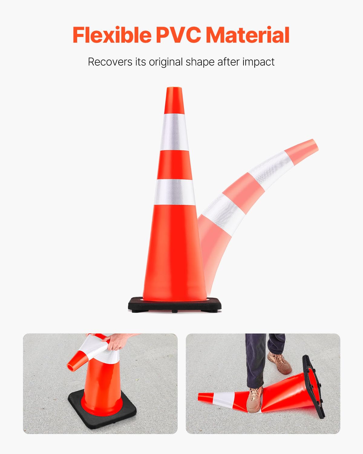 VEVOR Safety Cones, 6 Pack 36" Traffic Cones, PVC Orange Construction Cones with Reflective Collars and Black Weighted Base, for Traffic Control, Driveway Road Parking and School Improvement