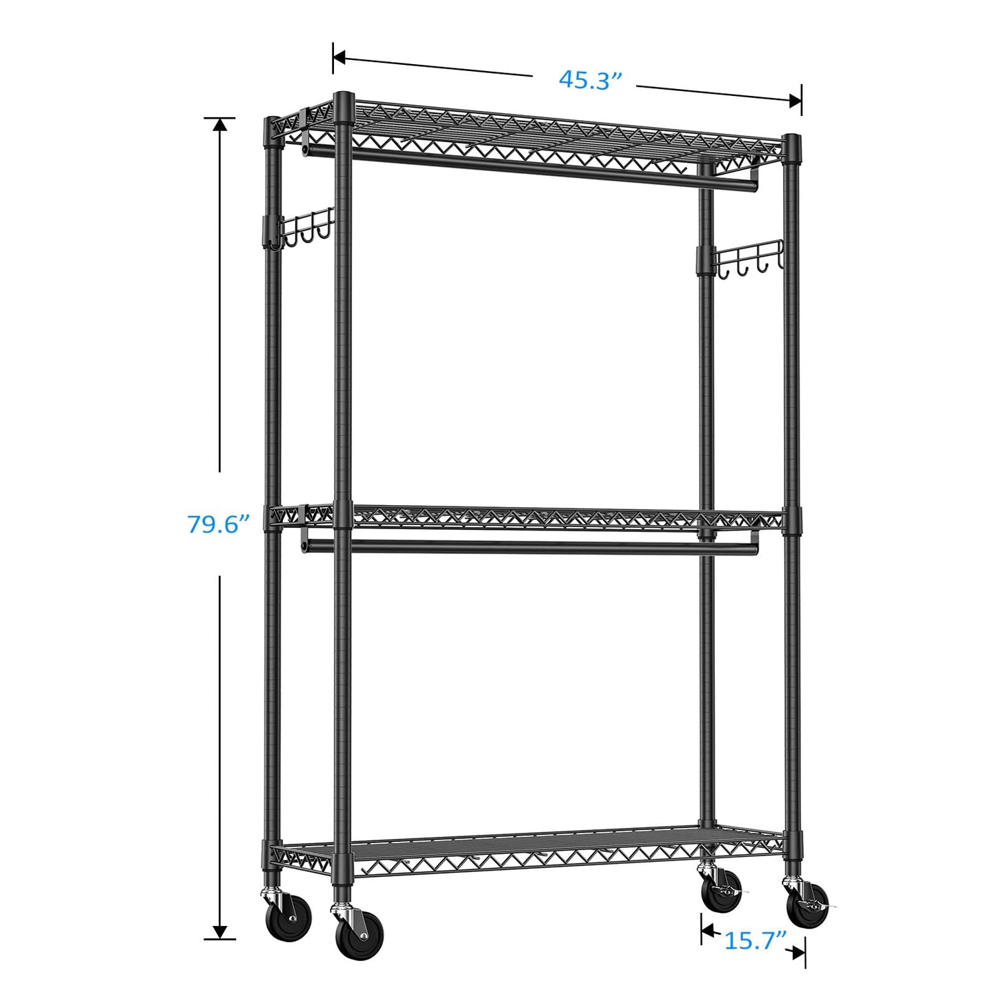 IZEUK Heavy Duty Rolling Garment Rack Wire Clothes Rack for Hanging Clothes (Black, 3 Tier with 2 Rod, 15.7" D x 45.3" W x 79.6" H)