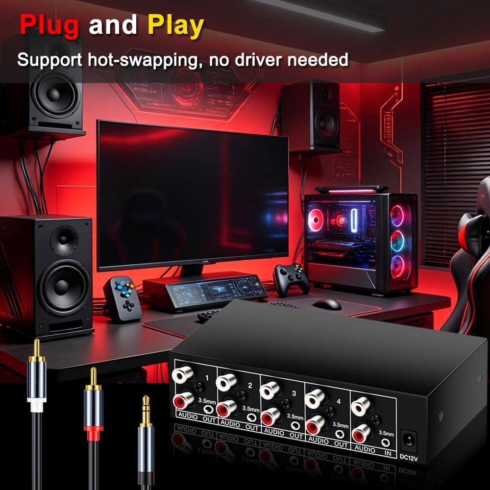 FlyroadUp 3.5mm 1 4 Aux + RCA L/R Audio Splitter in Out Stereo Analog Audio Distributor Box
