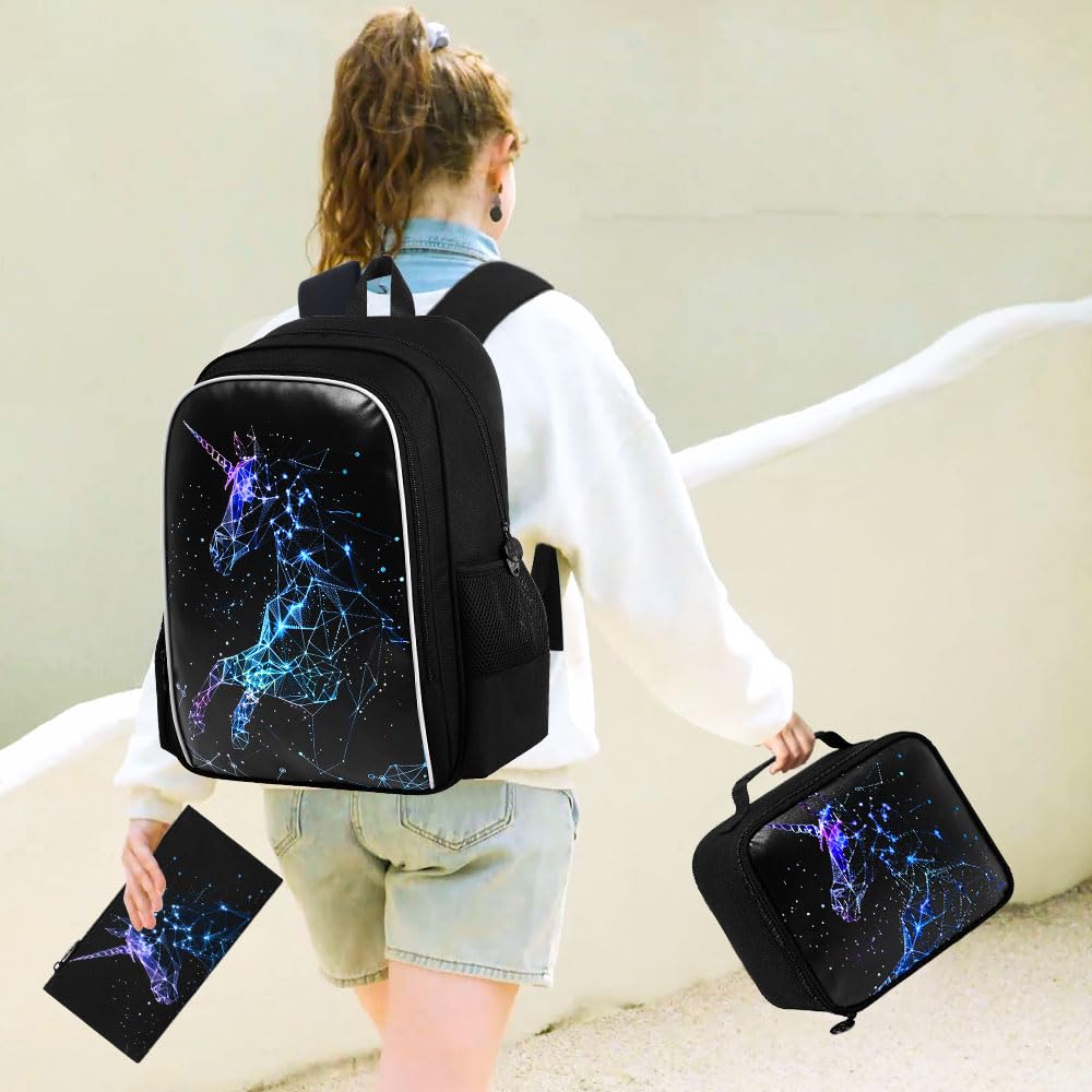 KLFVB 3PCS Girls Backpack, 17" Unicorn Kids Bookbag and Lunch Box, Water-Resistant Preschool Backpacks for Teen Elementary Students