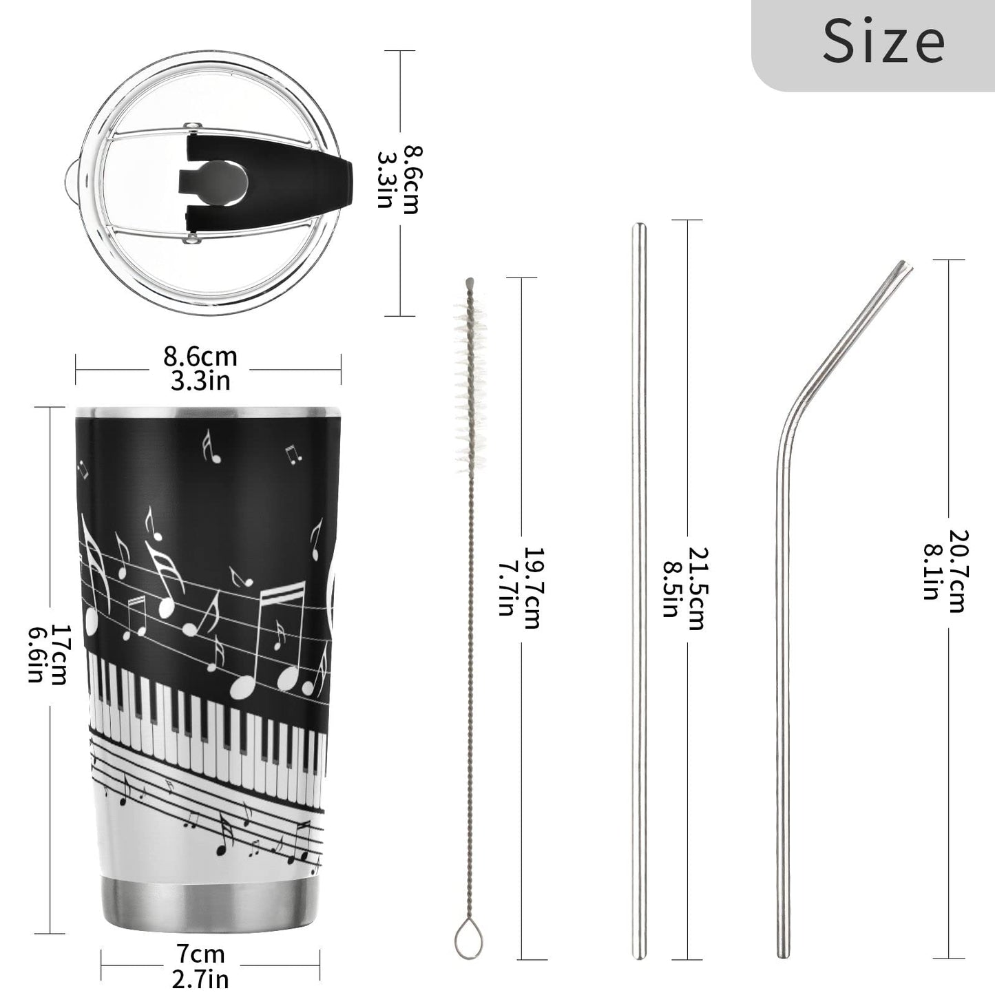 Selerdon 20 oz Piano Keys Music Note Insulated Tumbler Coffee Mug Double Wall Vacuum Travel Mug with Straw and Lid Stainless Steel