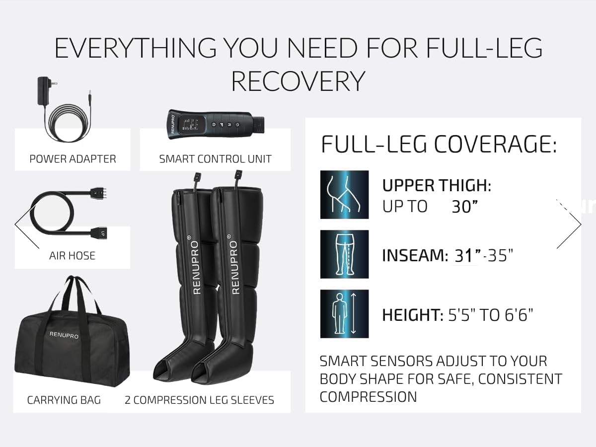 RENUPRO Professional Leg Compression Massager for Circulation Improvement and Faster Recovery - Air Compression Boots, Leg Massager Device for Athletes USA Owned (Size Large)