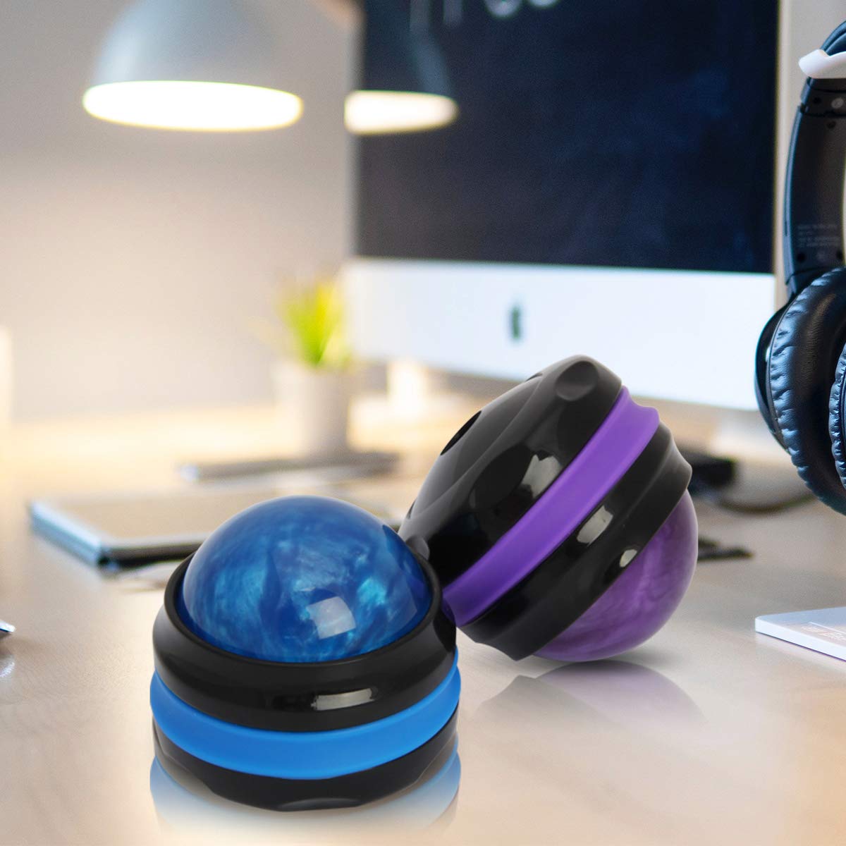 Coolrunner Massage Ball, Manual Roller Massager, 2-Pack Handheld Self Massage Therapy and Relax Full Body Tools for Sore Muscles, Shoulders, Neck, Arms, Legs, Back, Foot, Body (Blue+Purple)