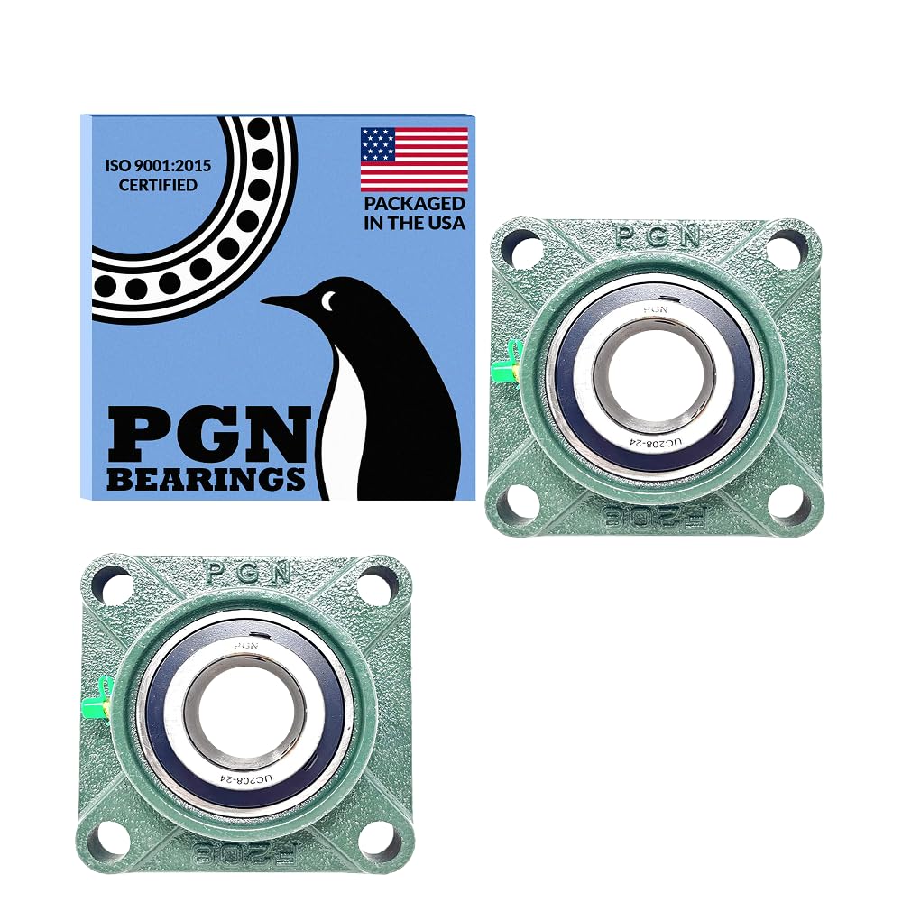 PGN UCF208-24 Pillow Block Bearing - Pack of 2 Square Flange Mounted Pillow Block Bearings - Chrome Steel Bearings with 1 1/2" Bore - Self Alignment