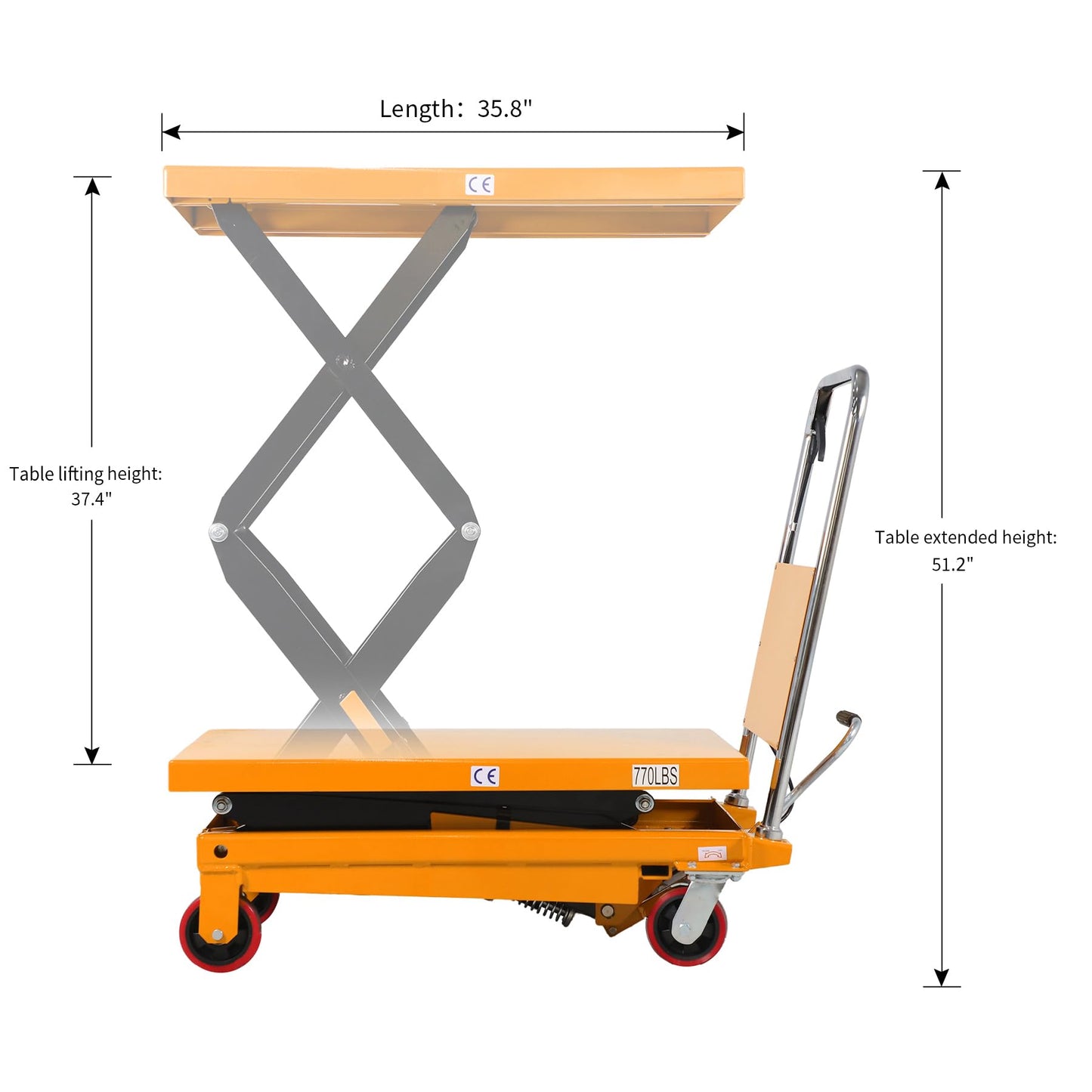 APOLLO Lift Table Cart Double Scissor Hydraulic Lift Table Cart 51" Lifting Height Elevating Cart 770lbs Capacity