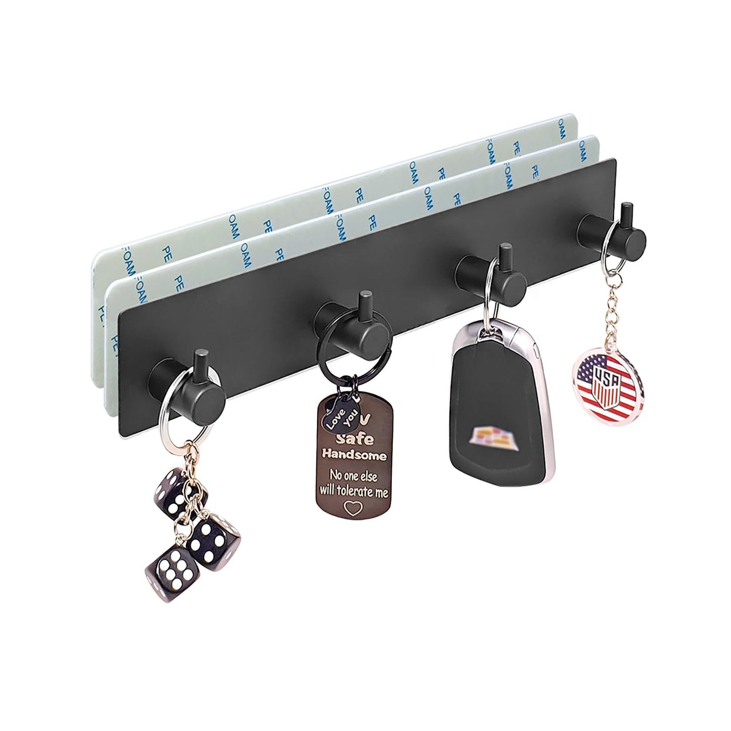 StrugDeas Key Holder for Wall with 2 Self-Adhesive Tapes， Key Hanger Organizer for Wall with 4 Hooks，Metal Key Rack for Door, Entryway, Kitchen Bathroom(Black)