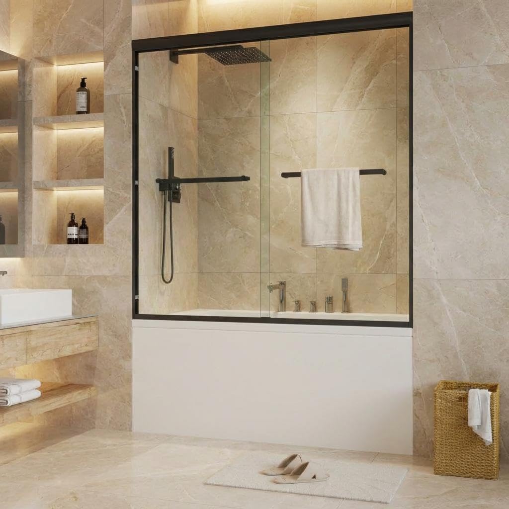 Bathtub Shower Door, 60" W x 59" H Sliding Tub Door with Dual Panels, 6mm (1/4") SGCC Tempered Glass with Explosion-Proof Film & Protective Coating, Matte Black Aluminum Alloy Frame