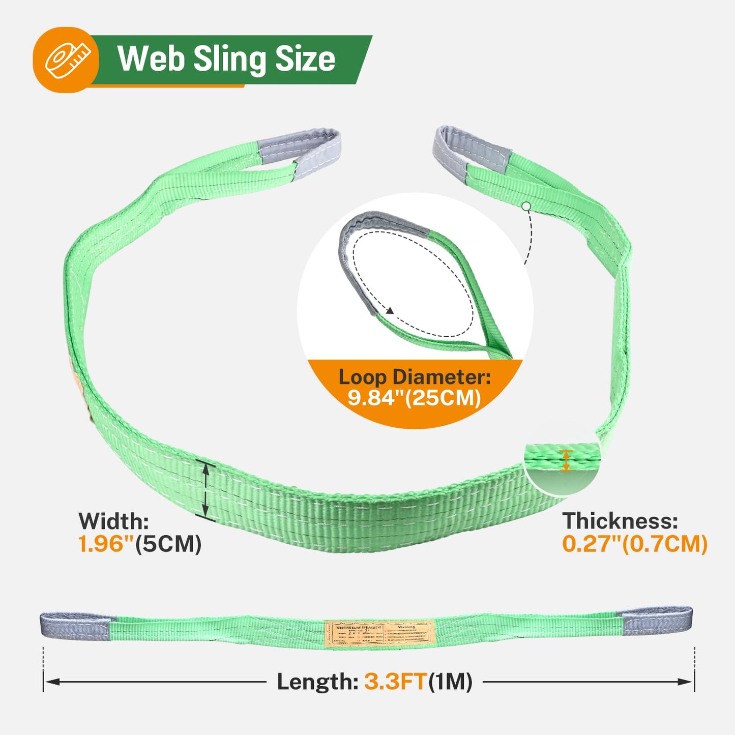 2 PCS Lifting Slings Straps Polyester Web Slings, Lift Sling Straps 3.3 FtX2 in, Polyester Lifting Sling Tow Strap Flat Eye & Eye 2PLY Straight 4409 LBS Basket 8818 LBS Choker 3527 LBS (Green)