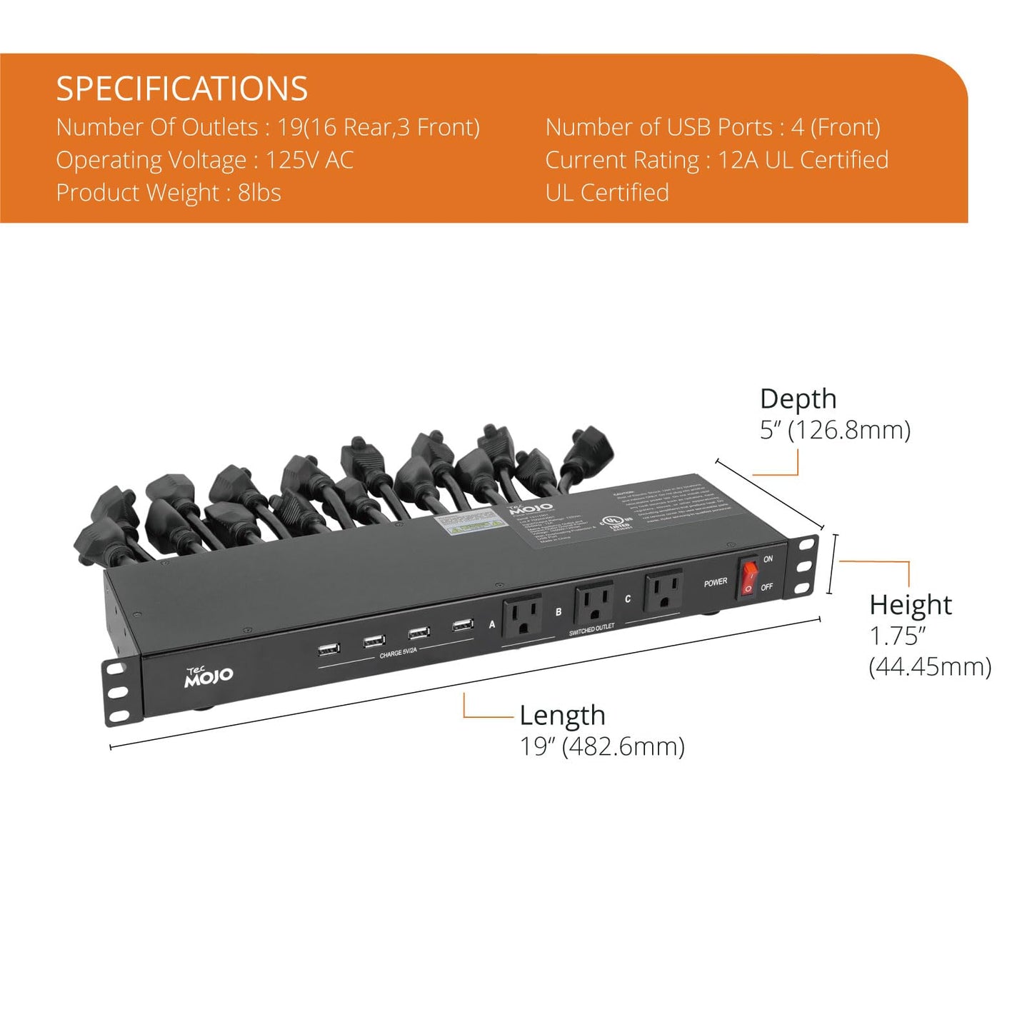 Tecmojo 1U Rack Mount 19 Outlet PDU Power Distribution Unit Power Strip Circuit Breaker fits 19-inch AV/Network/Server Cabinet/Closet/Enclosure