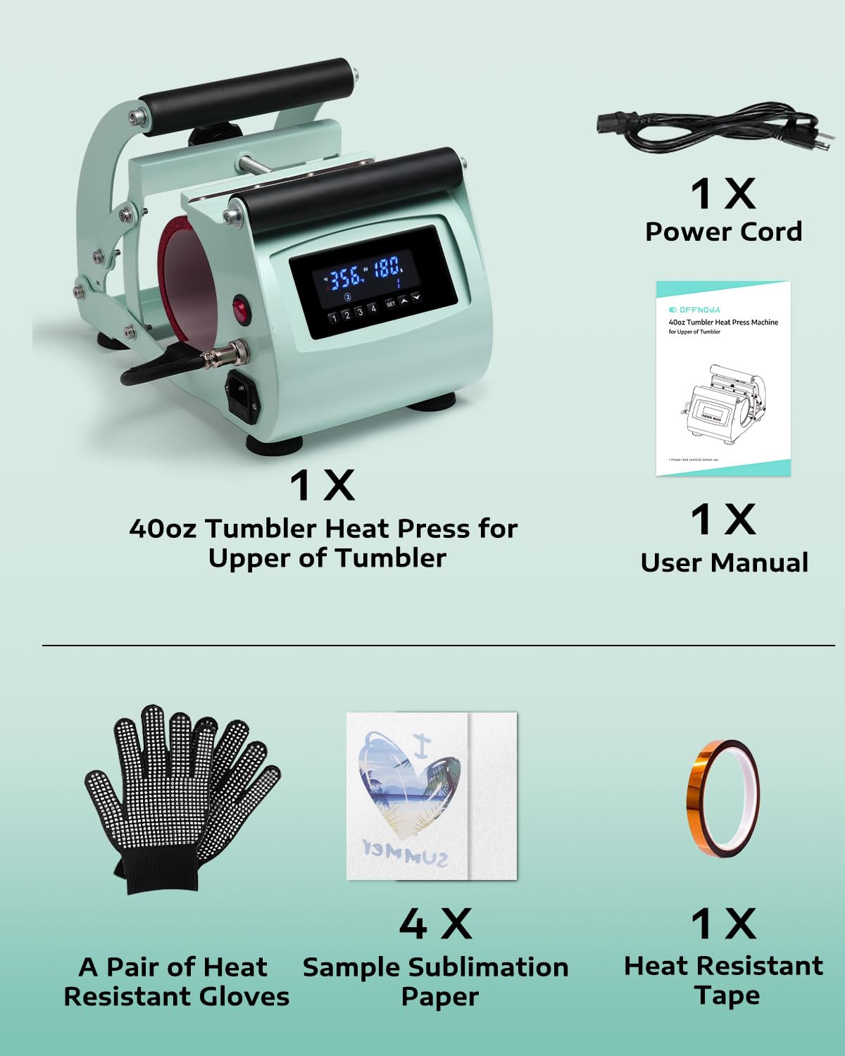 OFFNOVA 40 OZ Tumbler Heat Press Machine Mug Press Machine for Upper of 30oz 40oz Tumbler Sublimation Printing, 4 Adjustable Memory Modes Tumbler Press with Sublimation Paper, Tape and Gloves