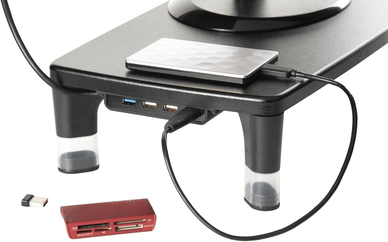 3M 4-Port Adjustable Monitor Stand with USB Hub, Black, Great for Computer Monitors, Laptops, TVs, Speakers, Printers