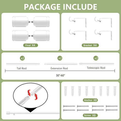 Adjustable 5/8” Diameter Curtain Rods by [Brand Name] - 30-60 Inch for 30-54 Inch Windows | White, 2 Pack