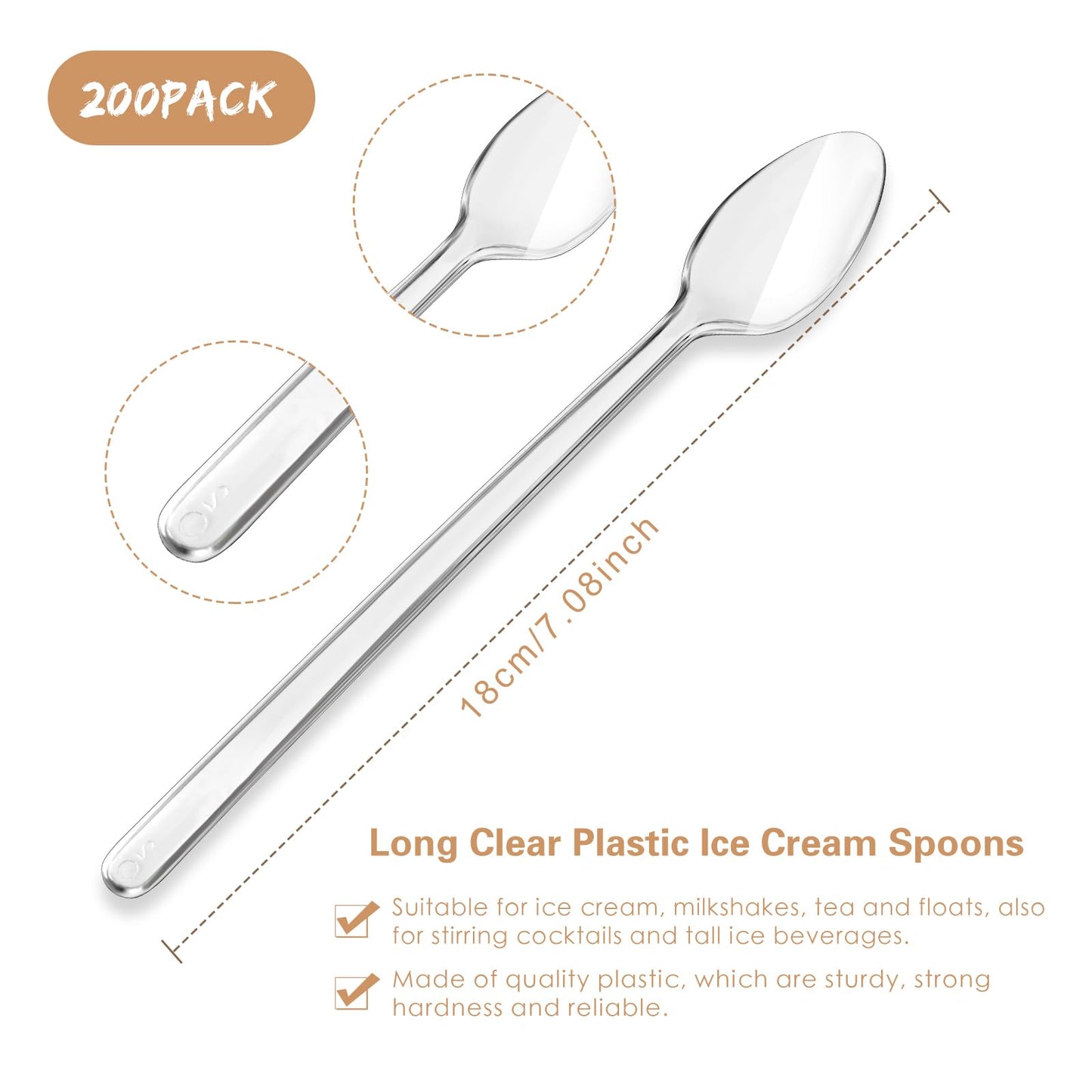 Long Handle Spoon 200 Pcs Clear Plastic Ice Cream Spoons 7.08 Inch Heavy Duty Sundae Spoons for Ice Cream Floats, Milkshakes, Tea, Stirring Cocktails and Tall Beverages