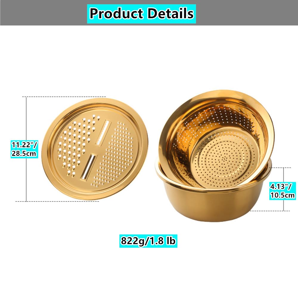 QOBIMOON 3PC/Set Colander set Stainless Steel Vegetable Slicer Fruit Potato Peeler Carrot Grater Strainer Utensil Round Rice Washer Bowl Drain Basket-Gold