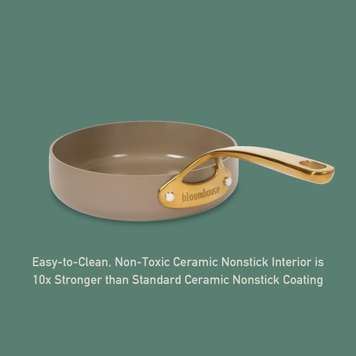 Bloomhouse - Two Time Oprah's Favorite Things Winner - 8 Inch Heavy Duty Aluminum Premium PFA Free Ceramic Nonstick Saute/Deep Frying Pan Skillet - Cappuccino Cream with Gold Handle
