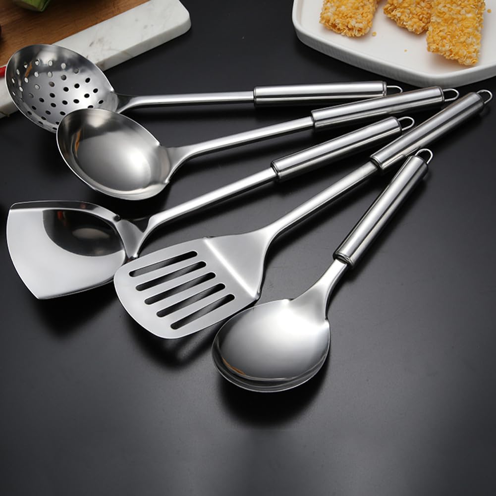 5 PCS Cooking Utensils Set Stainless Steel Kitchen Utensils Gadgets Resistant Cooking Tools Includes Slotted Spoon, Slotted Spatula, Large Spoon, Soup, Spatula(Sliver)