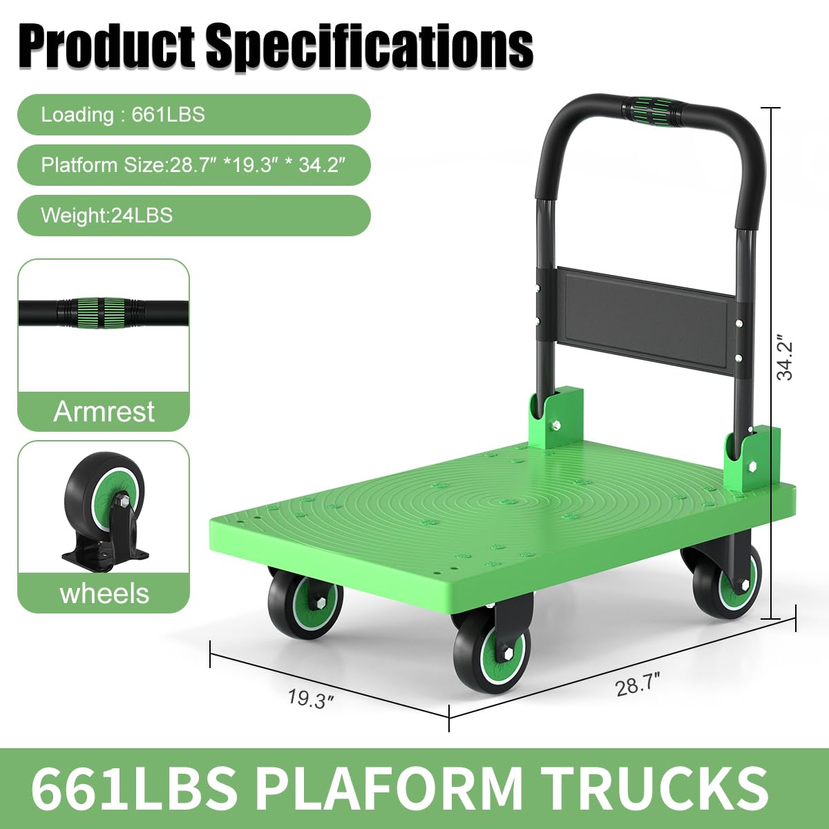 WUD Folding Push Cart Platform Trolley – Thickened Reinforced Steel, 360° Swivel Wheels, 28.7″×19.3″, Load Capacity 661 lb, Green