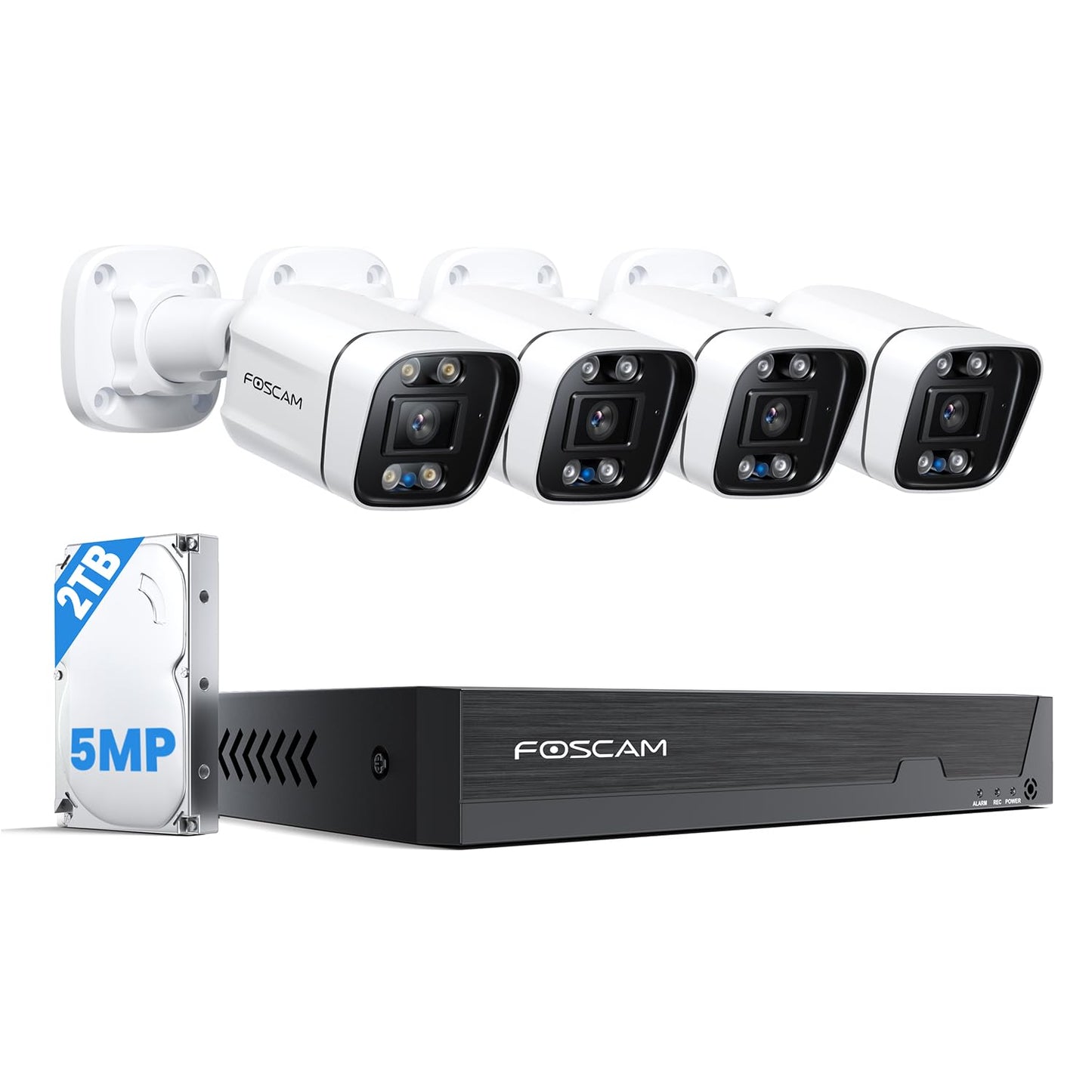 FOSCAM 3K 5MP Home Security Camera System, 8 Channel NVR with 4pcs Wired PoE IP Cameras Outdoor, 20X Digital Zoom and Smart Human/Vehicle Detection, Color Night Vision, 2-Way Audio, Come with 2TB HDD