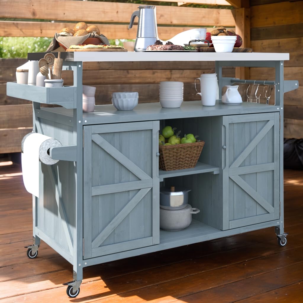 eodme Outdoor Cabinet for Patio Graden BBQ Grill Cart with Storage Cabinet, Home Rolling Kitchen Island Food Prep Table with Stainless Steel Top, Shelves, Spice Rack, Towel Rack(Grey Blue)