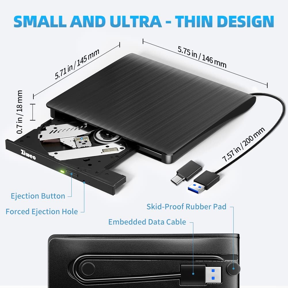 Ziweo 3.0 External USB Type-C CD DVD +/-RW Drive - Portable CD ROM Reader & DVD Burner with Protective Carrying Case