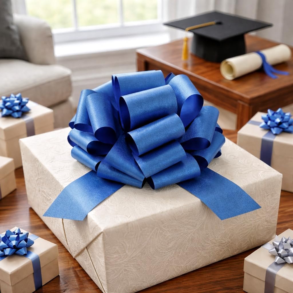 Skiennix Large Royal Blue Pull Bow - 14 Inch Glitter Ribbon Bow for Gifts, Parties & Home Decor