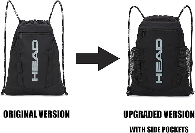 HEAD Waterproof Gym Sackpack for Sport with 2 Zipper Pockets, Large Drawstring Backpacks for Men with Side Pockets for Water Bottle