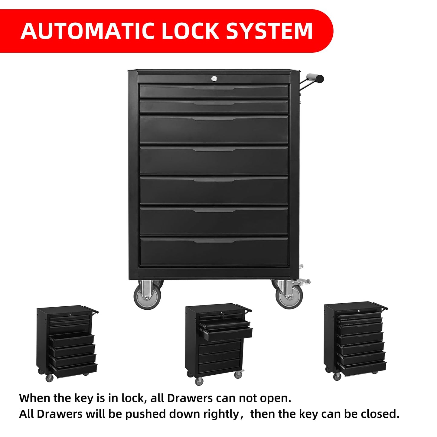 QSOSTNS 7-Drawer Rolling Tool Chest Cabinet, Large Capacity Metal Tool Box with Wheels and Keyed Locking, Roll Around Storage Organizer Tool Cart for Garage, Warehouse, Work Shop (Black)