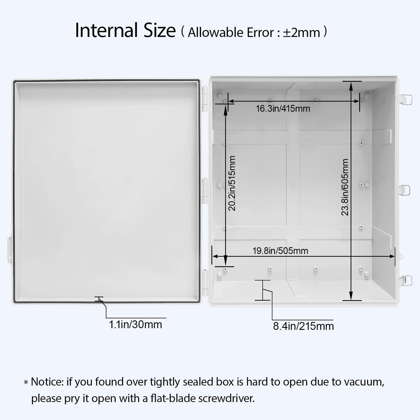 LeMotech Electrical Box, IP67 Waterproof Hinged Cover Stainless Steel Latch Junction Box, ABS Plastic Electrical Enclosure with Mounting Plate,Wall Brackets, Cable Glands,24.8"x20.8"x9.8",Grey