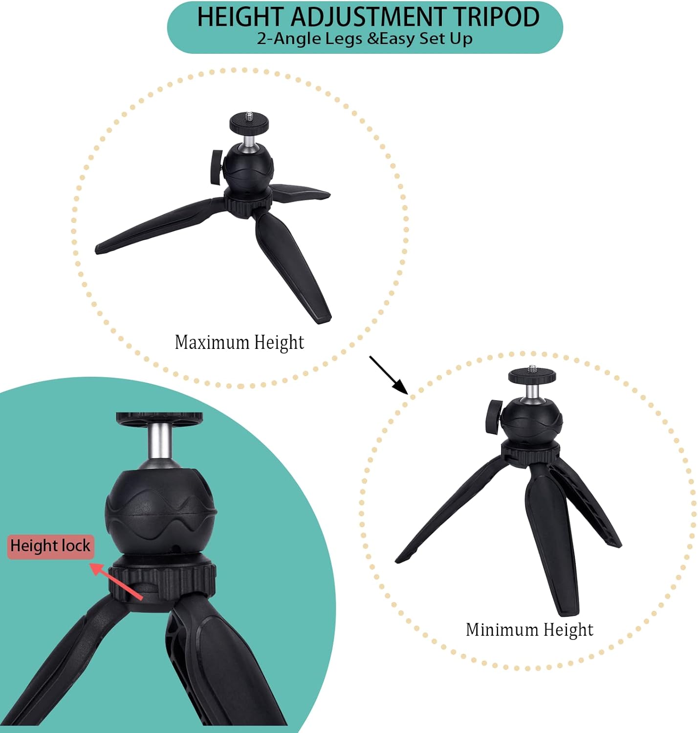 Ytvariw 360 Mini Camera Tripod with Phone Holder & GoPro Mount, Ball Head, Black, Compatible with DSLR, GoPro