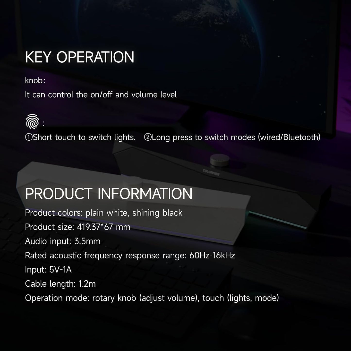 Colorful 3.5mm Gaming Soundbar,Computer SoundBar for PC,USB Speakers,RGB Touch Lights,USB-C/A Powered Input, Compact