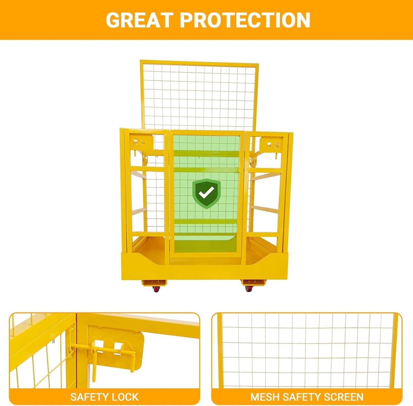 43"x45" Forklift Platform Safety Cage,Work Platform for Loader,Man Basket for Forklift,1800lbs Capacity with Safety Harness & Lock,2-Man Collapsible Lift Basket for Lifting Loader (Yellow W/Wheels)