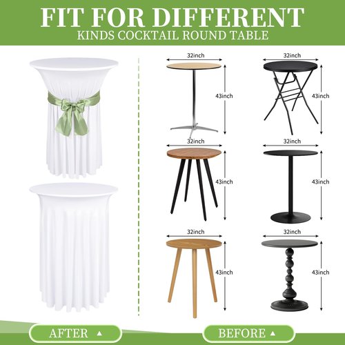LOKUME 4 Pack Round Cocktail Table Skirts 32 x 43 Inch White Spandex Stretch Cocktail Tablecloth with Wavy Drapes Stretch Fitted Round High Top Table Covers for Wedding Bar Party Banquet