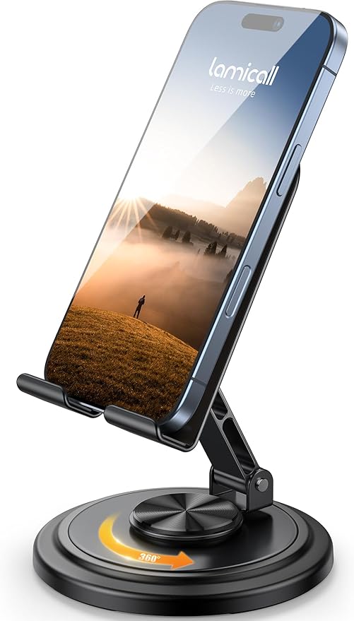 Lamicall Cell Phone Stand for Desk - [360° Rotation] Sturdy Adjustable Desktop Phone Holder, Foldable Mobile Stand, Office Gaming Desk Accessories Gifts for iPhone 17 16 15 Pro Max, Galaxy S26, Switch