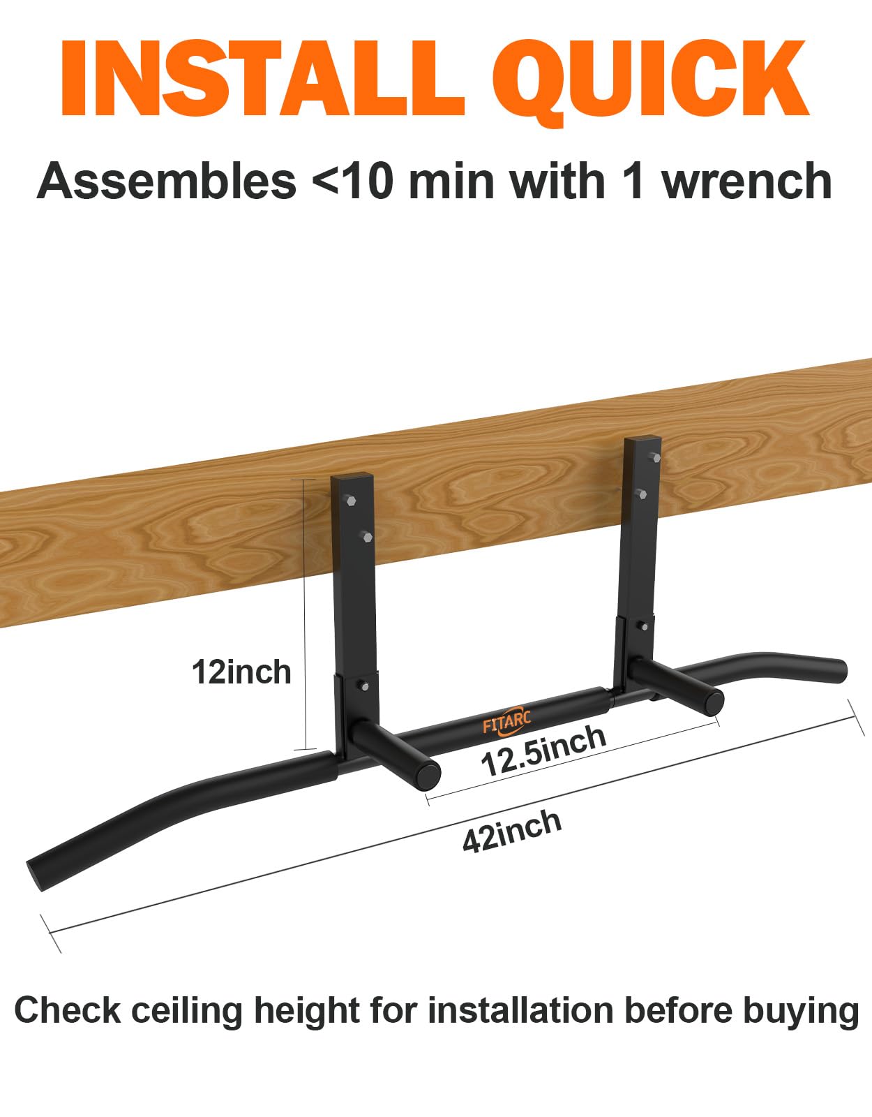 Fitarc Joist Mount Pull Up Bar, Chin Up Bar Ceiling Mount, Heavy Duty Home Gym Workout Equipment, Upper Body Trainer, 42 in Wide -Patent Pending