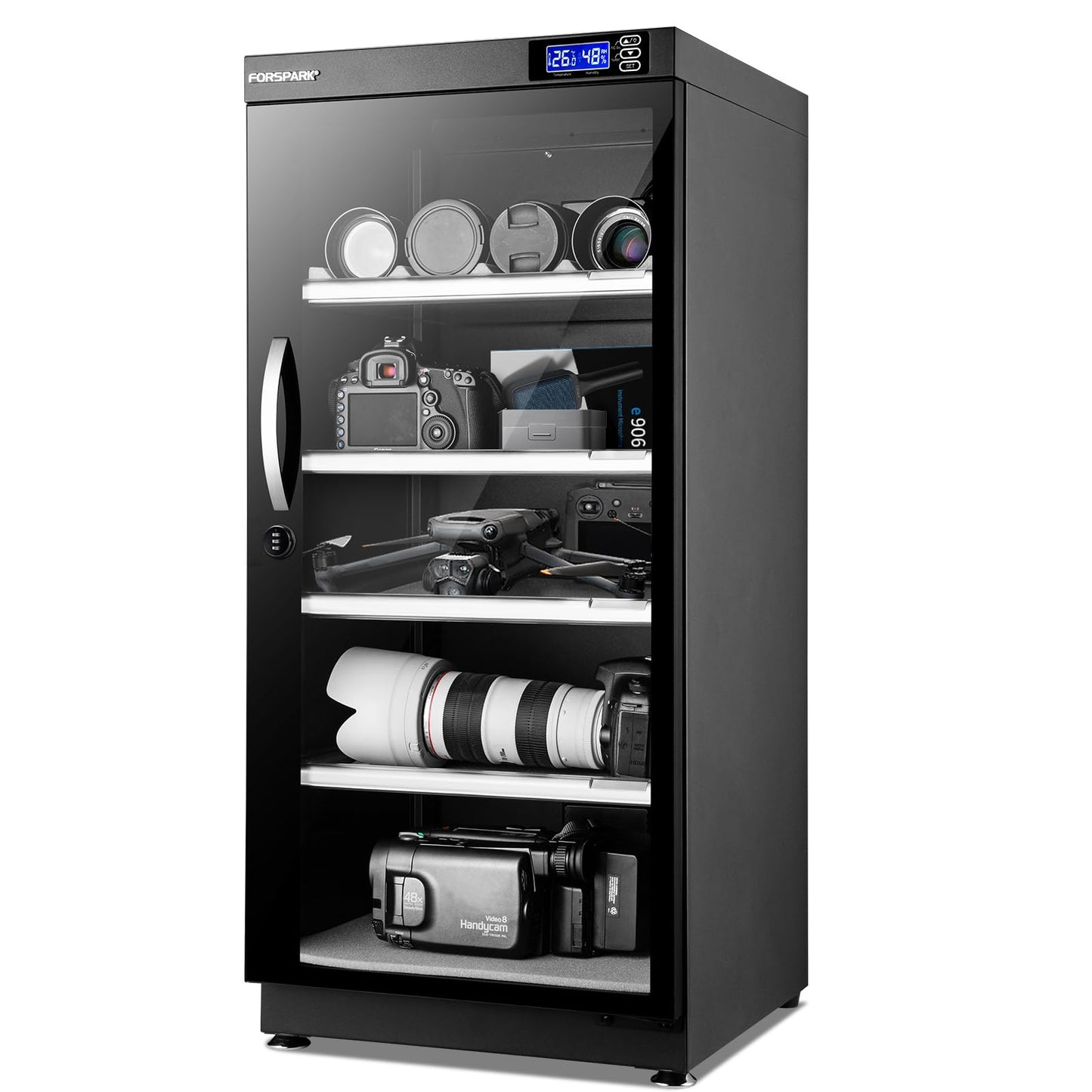 FORSPARK 125L Dual-Core Camera Dehumidifier Dry Cabinet, Quiet Humidity Control Storage with Combo Lock, 4 Adjustable Shelves for DSLR, Lenses, Drones, Instruments, Books - 15W Energy Efficient, Black