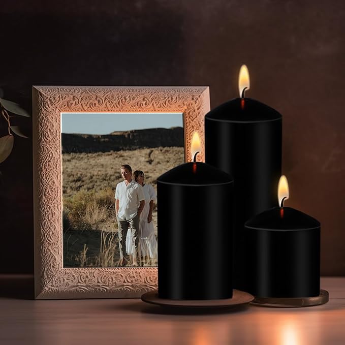Pillar Candles 3 x 4, 6, and 8 inches, Large Handmade Candles Set of 3, Black Decorative Candles for Wedding, Home Decoration, Dinner, Church