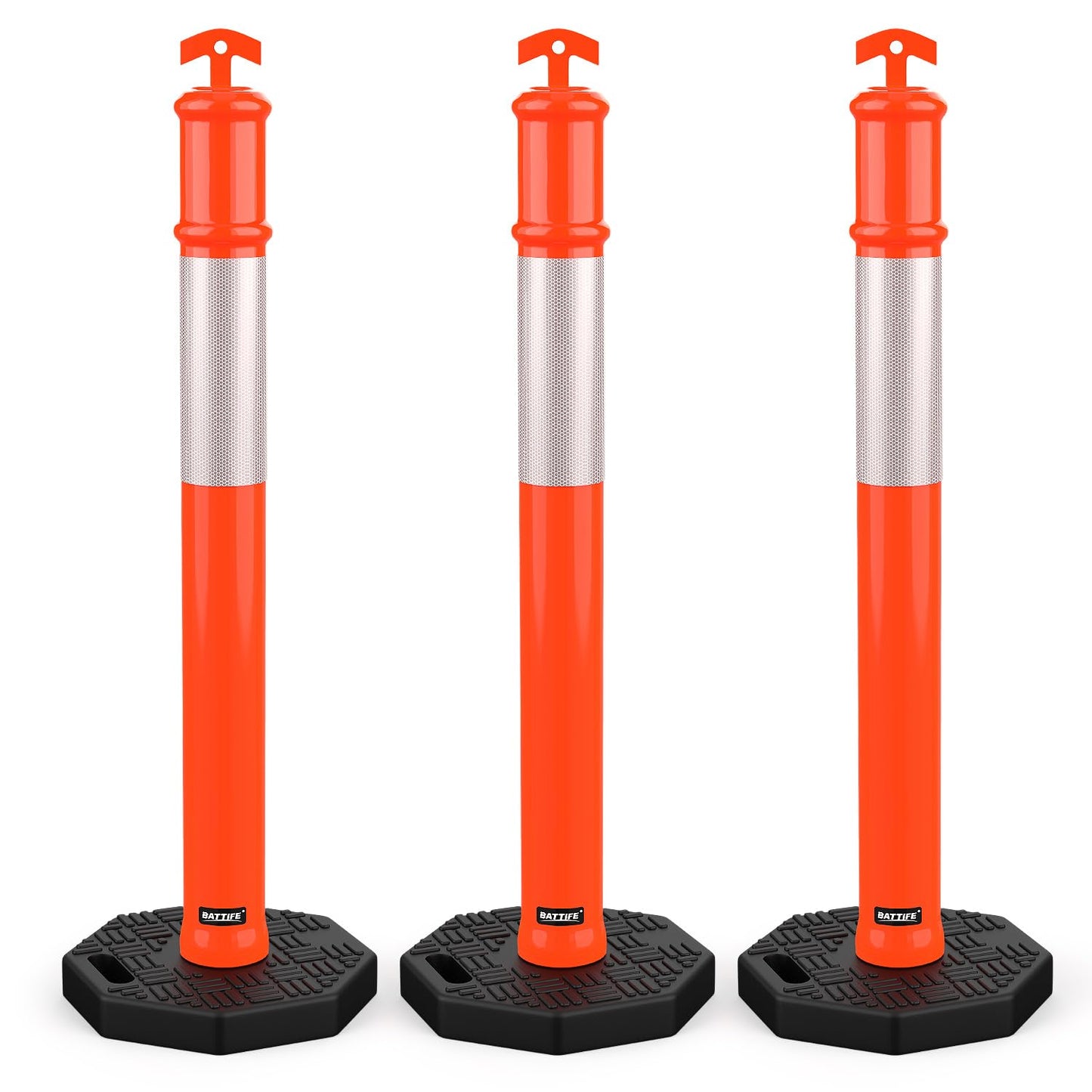 BATTIFE 45" Delineator Post with Base, Traffic Delineator Cones with Reflective Collar for Driving Practice, Construction Work (3, Orange, 45 inch)
