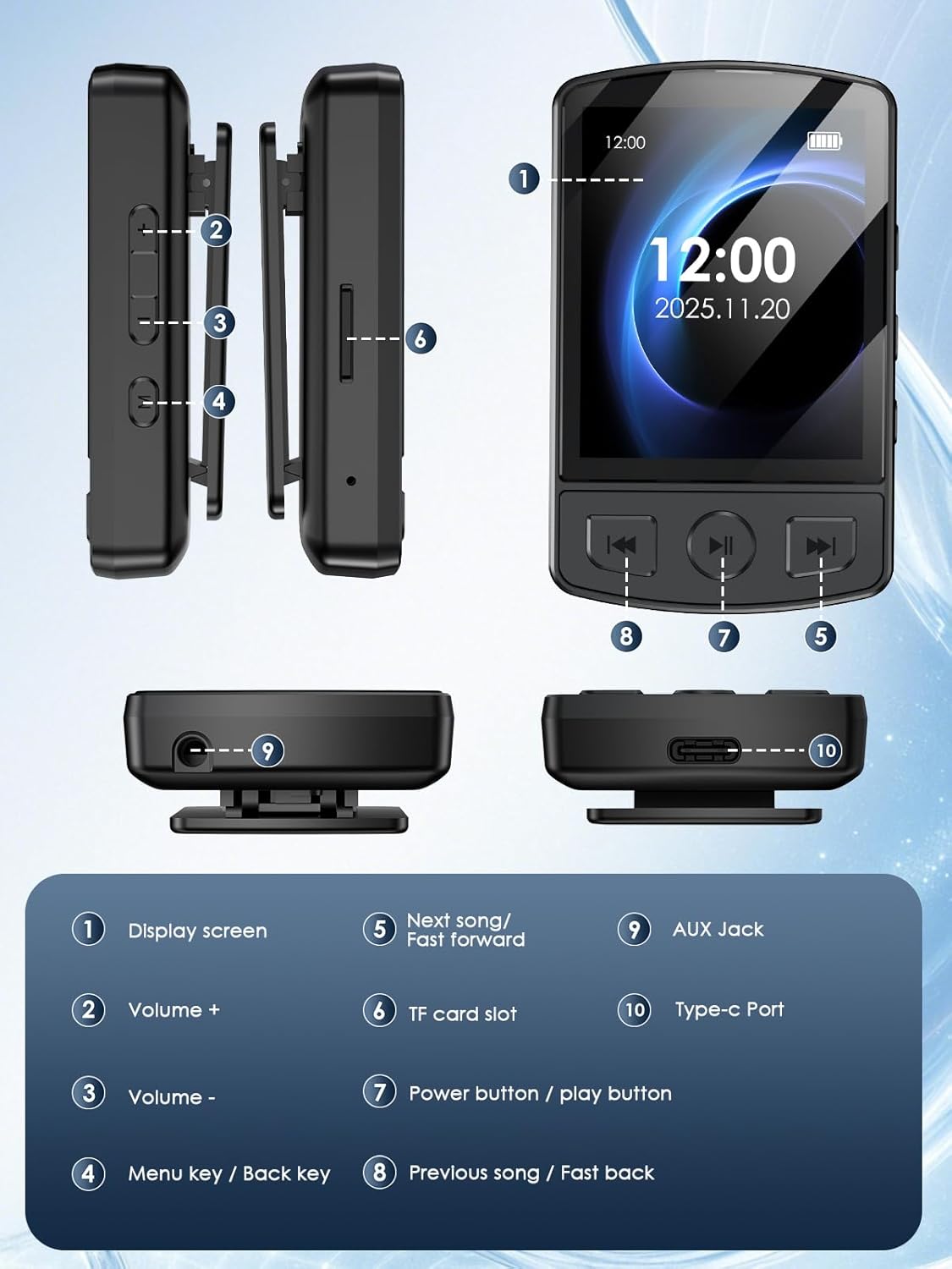 KOVCDVI MP3 64GB MP3 5.2,Portable MP3 Player with Clip Mini Player with Bluetooth Music Player