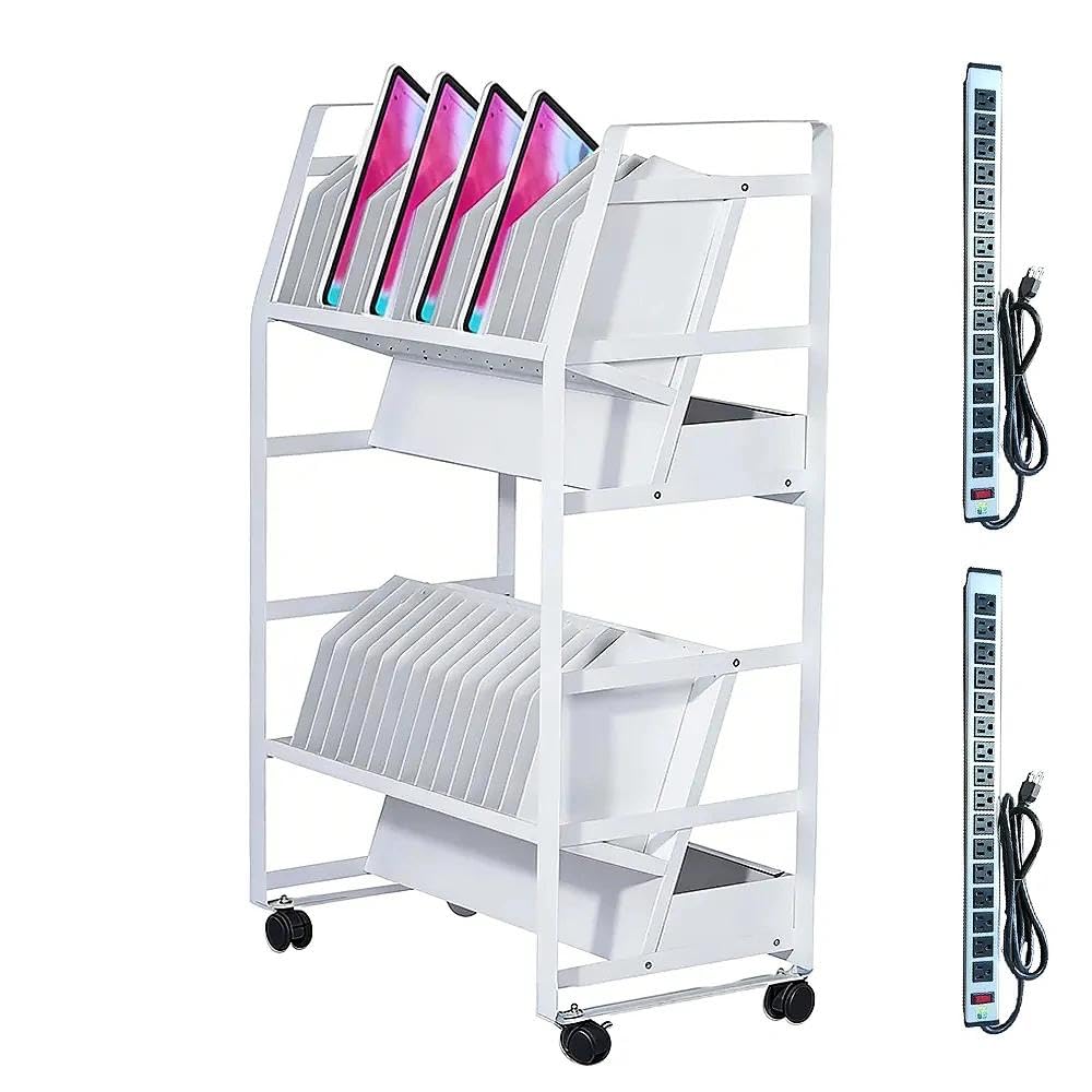 32 Device Mobile Charging Cart，Metrixpio Double-Layered Rolling Computer Cart with Socket Portable Ipad Storage & Laptop Cart for Teachers & White-Collar Workers