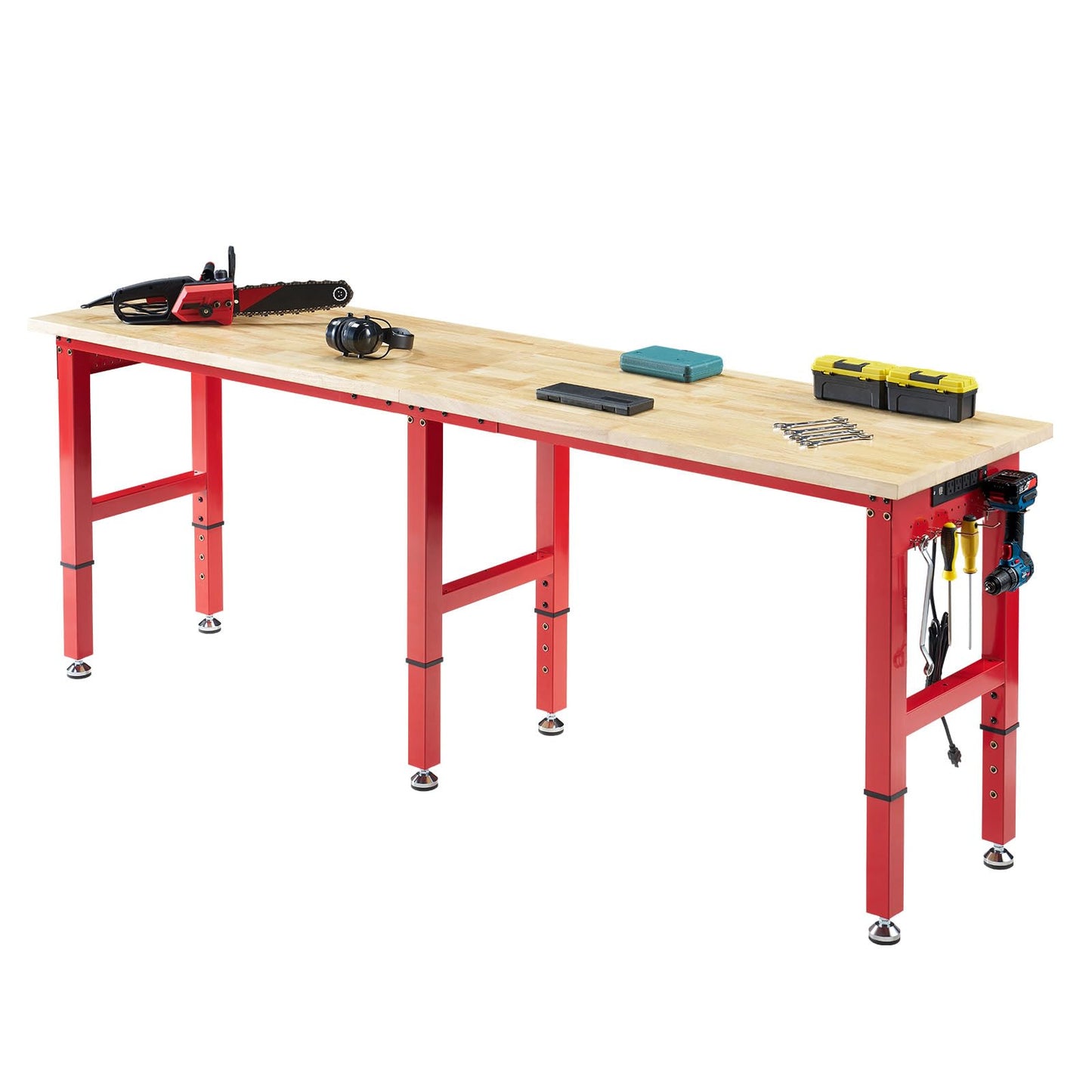 Albott 84x24 in Adjustable Workbench with Power Outlets, 6000 LBs Heavy Duty Work Table with Hooks, Solid Rubber Wood Top, for Garage, Woodworking, Workshop, Home Office, Red