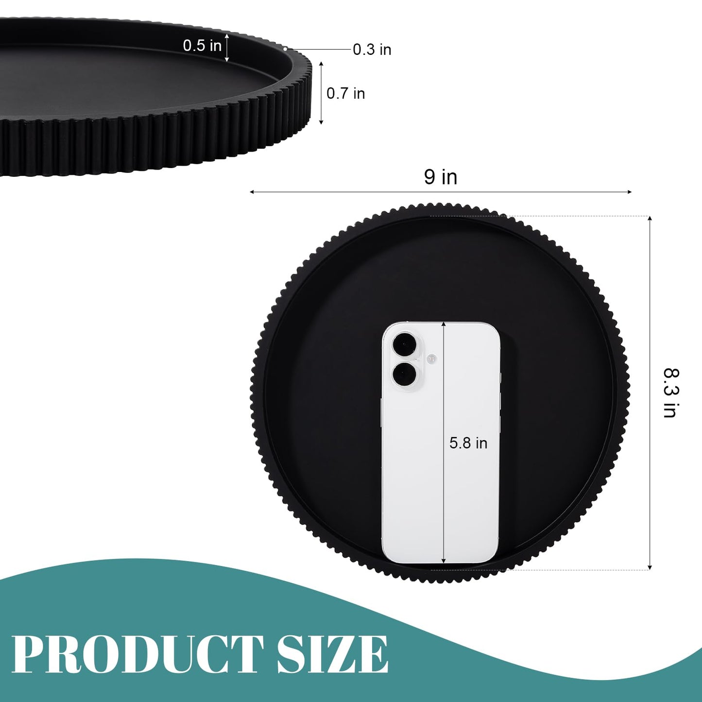 Silicone Bathroom Tray Round Kitchen Counter Organizer Decorative Vanity Accessories Coffee Table Decor for Perfume, Candle, Soap Dish, 9 Inch, Black