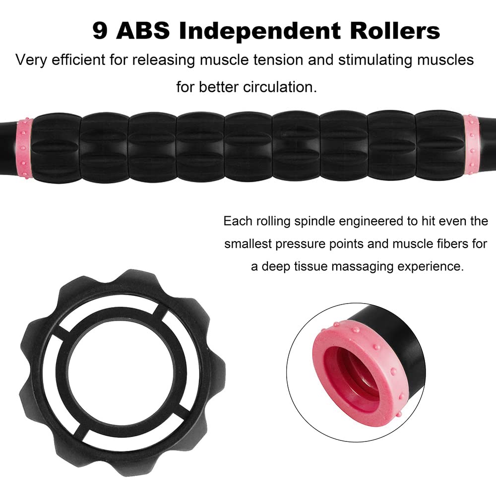YANSYI Professional 9-Roller Deep Tissue Massage Stick - Portable Muscle Recovery Roller for Athletes, Relieves Post-Workout Soreness & Leg/Back Pain - Portable Physio Tool (Pink)