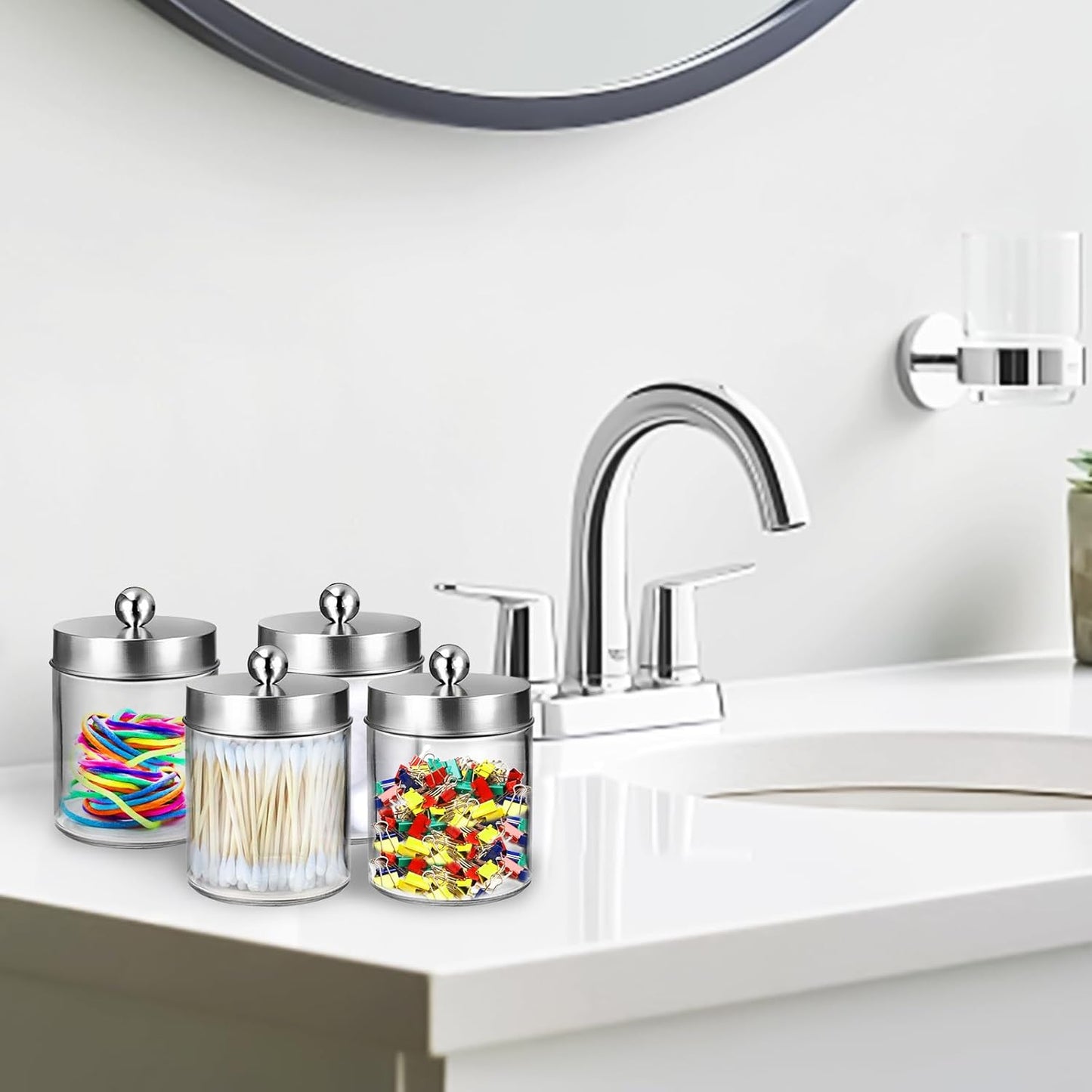 Qtip Holder Set by [Brand Name] - Clear Plastic Apothecary Jars with Lids for Bathroom Organization | 4 Pack