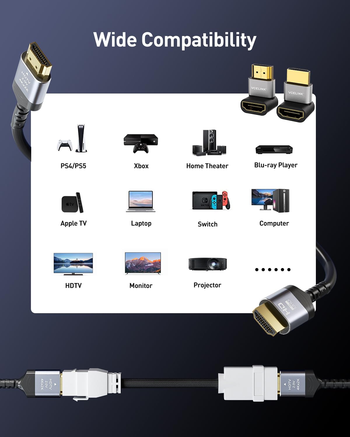 2.1 7.09 8K@60Hz 4K@120Hz, 5 Pack VCELINK HDMI Keystone Jack and Coupler in, Female to Female Pigtail Cable HDMI