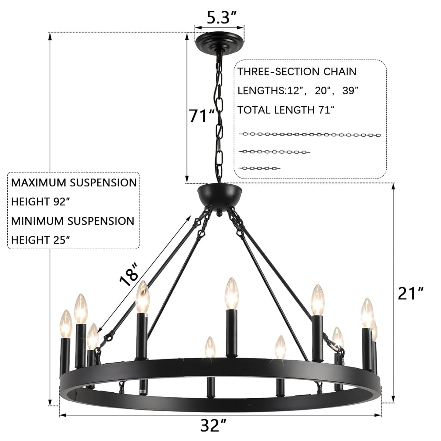 ZBMYRBZJ Black Wagon Wheel Chandelier 32 inch,12-Light Farmhouse Wagon Wheel Chandeliers Round Industrial Ceiling Light fixtures for Porch high Ceilings Living Dining Room Foyer Entryway